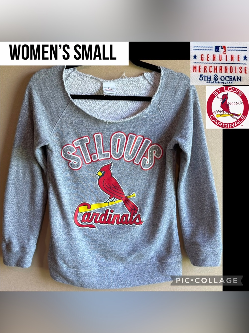 5th & Ocean Womens Sweatshirt St. Louis Cardinals Gray MLB Raw Edge Neckline S